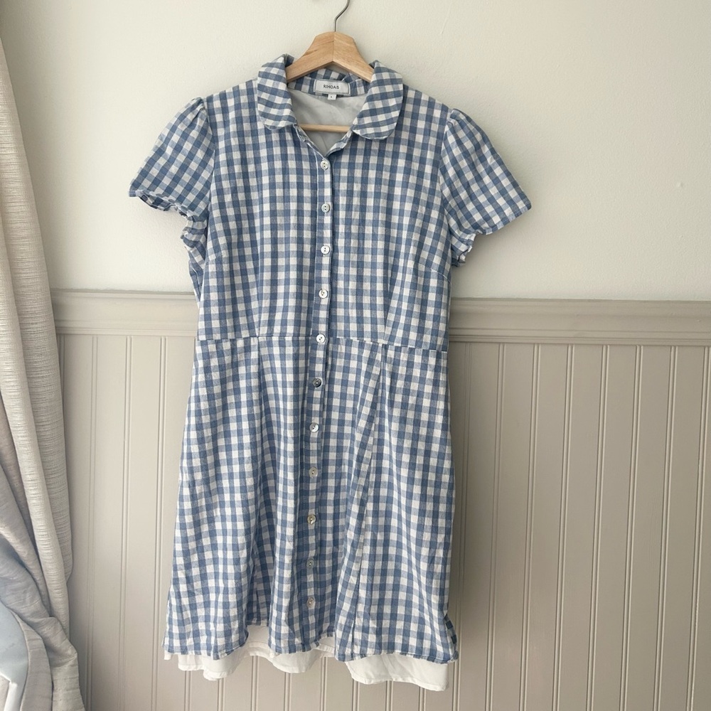 RIHOAS Large Blue & White Gingham Button Front Collared Cotton Dress